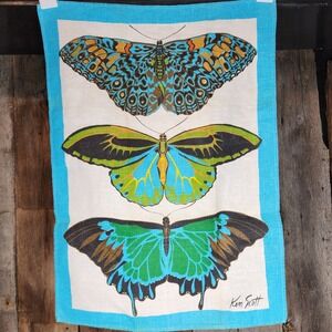 Ken Scott Vintage Linen Butterfly Print Turquoise Rare‎